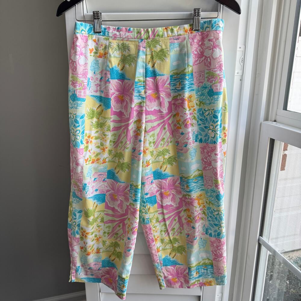 Vintage BRIGGS Tropical Floral Patchwork Capri Pants Size 6 Resort Crop Neon